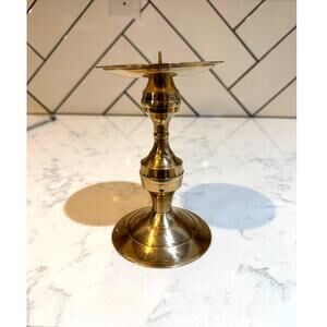 vintage brass pillar candle holder center spike to secure candles mid century